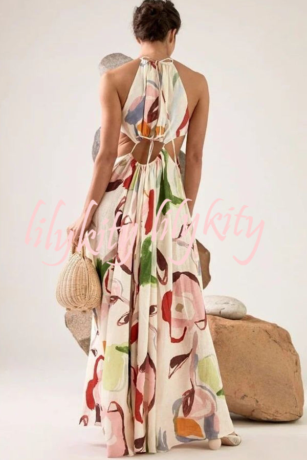 Unique Printed Cutout Backless Large Hem Maxi Dress