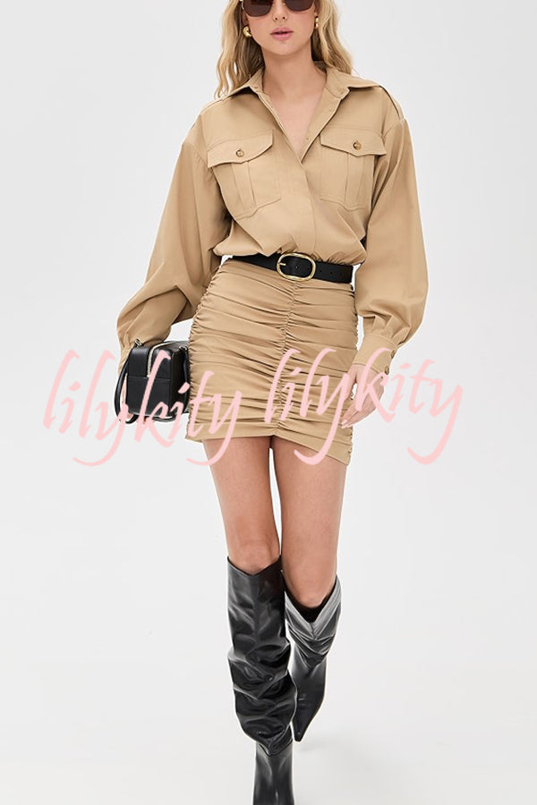 Soraya Epaulette Button Design Long Sleeve Ruched Hem Shirt Mini Dress