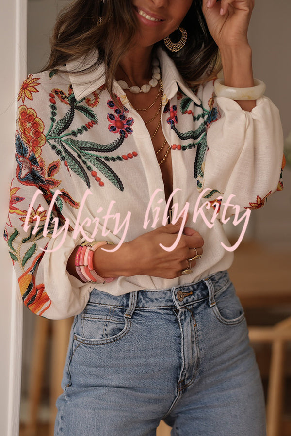 Botanical Print Loose Lapel Long Sleeve Casual Shirt