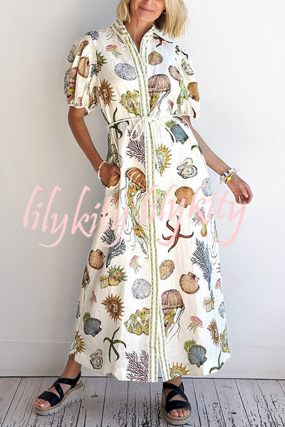 Beach Shell Print Puff Sleeve Tie-Waist Casual Midi Dress