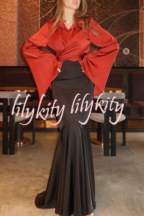 Jenny Satin Button Front Center Cross Straps Long Bell Sleeve Shirt