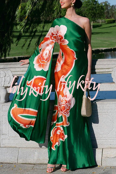 Elegance and Grace Satin Dragon Print One Shoulder Drape Sleeve Maxi Dress