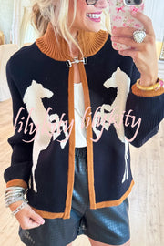 Stylish White Horse Pattern Casual Long-sleeved Knitted Cardigan