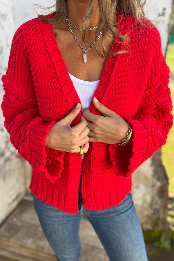 Fashion Knit Solid Color V-neck Long-sleeved Cardigan