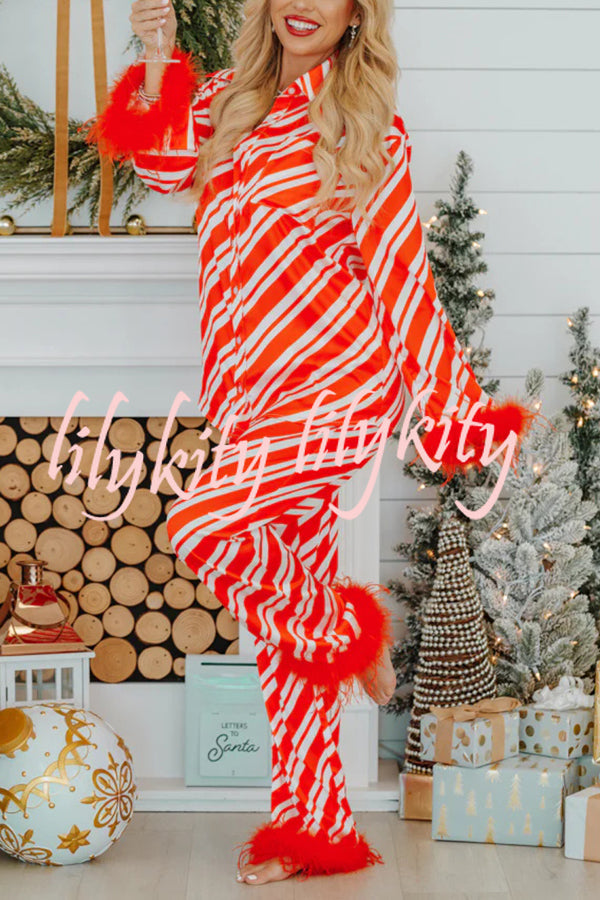 Christmas Party Striped Print Pocket Feather Elastic Waist Pajama Set