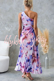 Laken Floral Print One Shoulder Adjustable Tie Cutout Pleated Maxi Dress