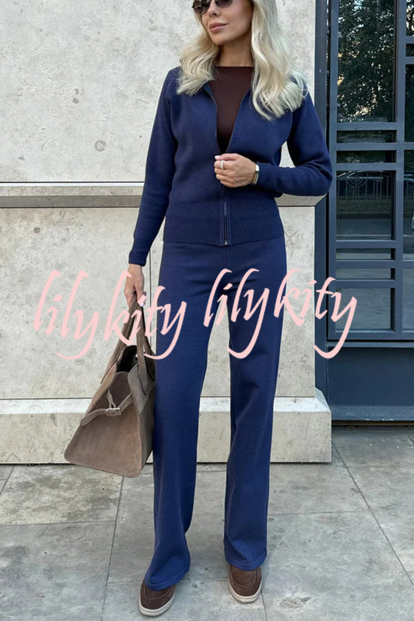 Cozycore Knit Zipper Long Sleeve Cardigan and Stretch Wide Leg Pants Set
