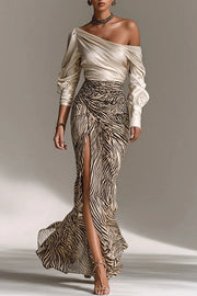 Stylish Off-shoulder Long-sleeved Casual Shirt and Elegant Striped Printed Slit Maxi Skirt Set