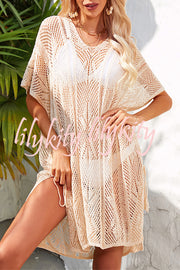 Knitted Hollow V Neck Tie Slit Cover Up