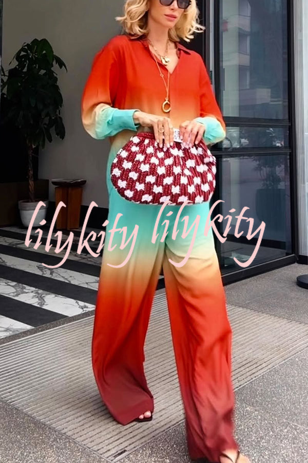 Neon Sunset Gradient Print Long Sleeve High Low Hem Blouse and Elastic Waist Loose Pants Set