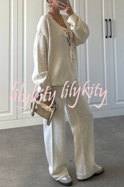 Solid Color V-neck Tie Long-sleeved Loose Knit Cardigan and Elastic Waist Casual Straight Leg Pants Set