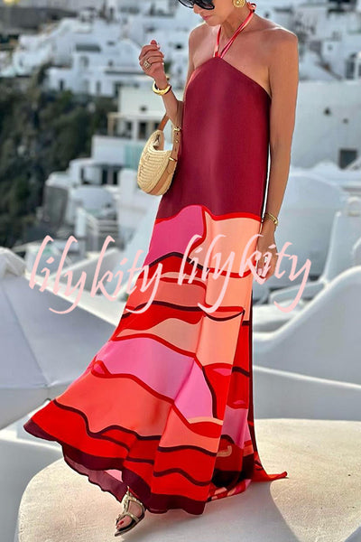 Vacay Happy Hour Printed Halter Backless A-line Maxi Dress