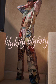 Tropical Jungle Tiger Unique Print Long Sleeve Loose Shirt and Elastic Waist Pants Set