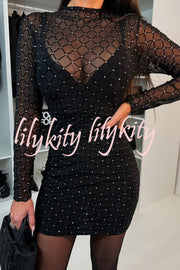 Sexy Language Mesh Glitter Fabric Long Sleeve Stretch Mini Dress