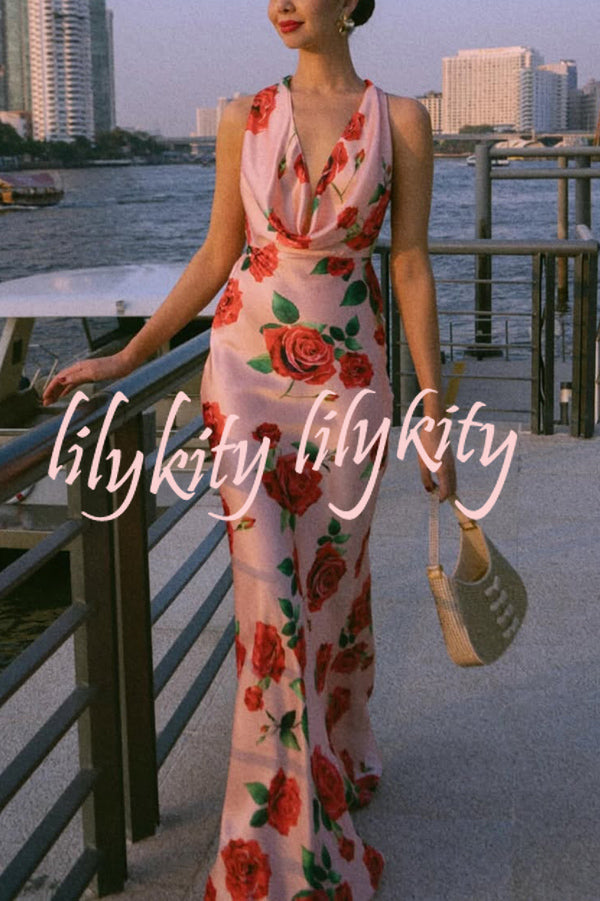 Rose Print Sexy Halter Neck Strappy Backless Slim Fit Maxi Dress