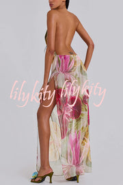 Floral Print Sexy Backless Slit See-Through Holiday Maxi Dress