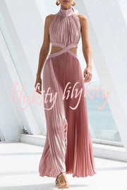 Stunning Choice Satin Pleated Halter High Neck Cutout Waist Backless Maxi Dress