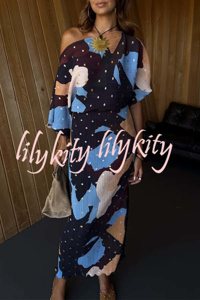 Mara Pleated Fabric Metallic Speckled Color Block Print One Shoulder Maxi Dress