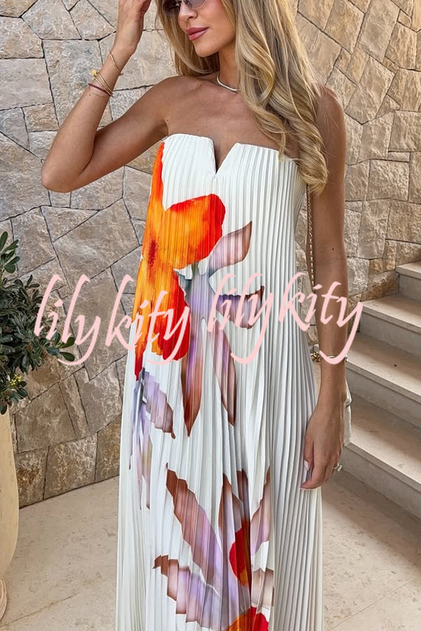 For Every Occasion Satin Pleated Floral Print V-wire Bandeau Neck Maxi Dress