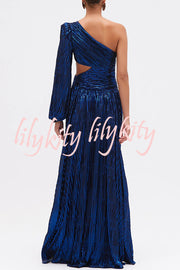 Dazzling Night Metallic Pleated One Shoulder Cutout Balloon Sleeve Gown Maxi Dress