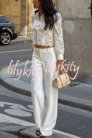 Paris Trends Floral Lace Puff Shoulder  Button Long Sleeve Blouse