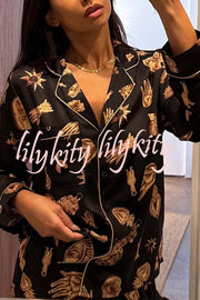 Golden Night Unique Print Color-block Trim Loose Shirt and Elastic Waist Pocketed Pajama Set