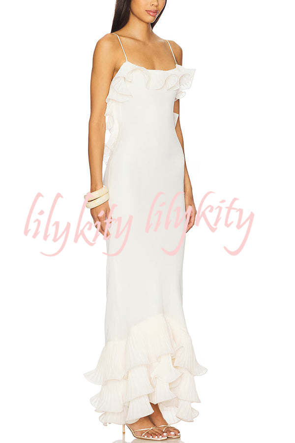 Alisin Pleated Chiffon Wavy Ruffles Trim Slip Maxi Dress