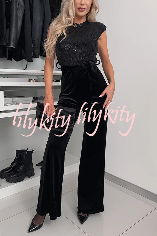 Perfect Party Style Sequin Velvet Patchwork Backless Flare Stretch Jumpsuit