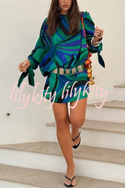Micah Satin Unique Print Slit Tie-up Sleeve Shift Kaftan Mini Dress