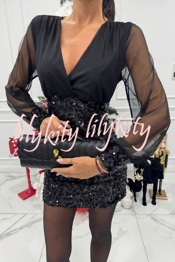 Whisper and Wine Sheer Tulle Sequin Patchwork V-neck Long Sleeve Mini Dress
