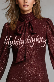 Gift for Me Sequin High Neck Bow Tie Long Lantern Sleeve Party Mini Dress