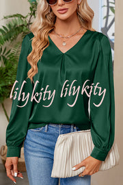 Satin Pleated V-neck Long-sleeved Loose Shirt