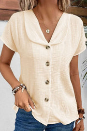 Solid Color Lapel Short Sleeve Casual Button Top
