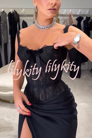Sexy Grace Magic Lace Corset Bow Design Ruched Hip Slit Maxi Dress