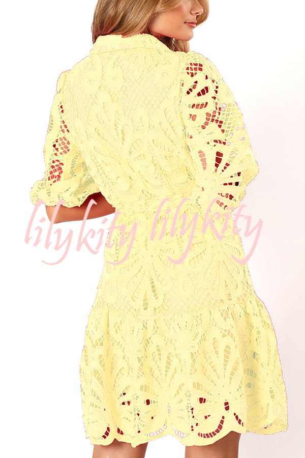 Solid Color Lace Cutout Balloon Sleeves and Waist Tie Mini Dress