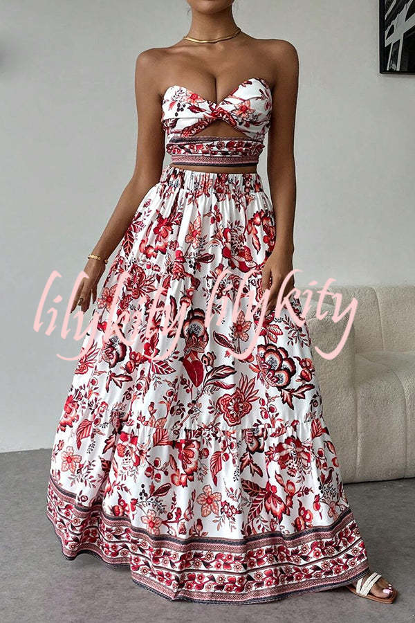 Floral Print Cutout Bandeau Top and Elastic Waist Full Maxi Skirt Set