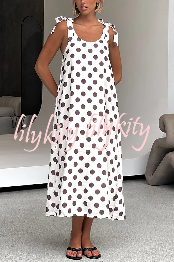 Polka Dot Print Suspenders Strappy Backless Loose Pocket Midi Dress