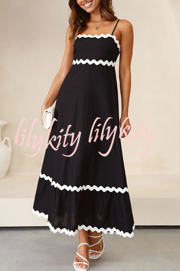 Bayside Beauty Wave Trim Patchwork Back Smocked Suspender Maxi Dress