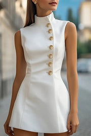 Solid Color Stand Collar Sleeveless Button-embellished Fitted Mini Dress