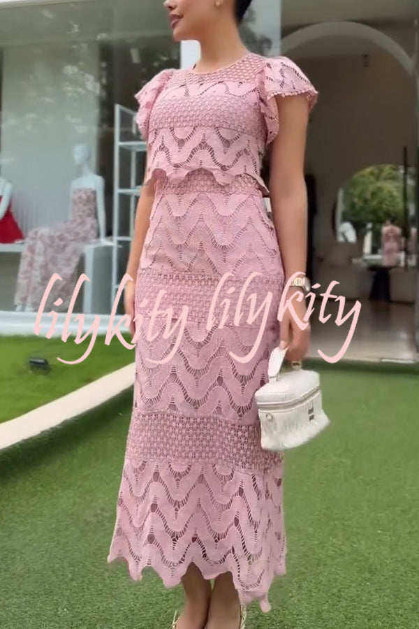 Elouise Wave Dot Embroidery Lace Back Tie-up Top and Elastic Waist Maxi Skirt Set