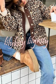 Warm Feel Colorblock Leopard Print Plush Button Up Pocketed Teddy Jacket