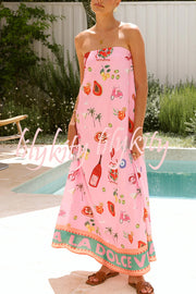 Linen Blend Unique Printed Strapless Holiday Loose Maxi Dress