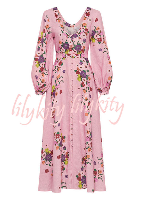 Garden Party Linen Blend Floral Print Button Balloon Sleeve Pocketed Maxi Dress