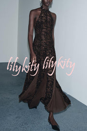 Twilight Gleam Sequin Textured Tulle Hem Halter Backless Maxi Dress