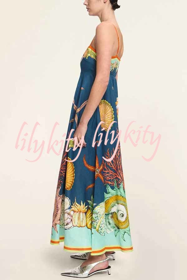 Linen Blend Unique Print Suspenders Back Pleated Pocket Resort Style Maxi Dress