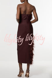 Retro and Glamorous Feather Trim Detail Bandeau Slit Stretch Midi Dress