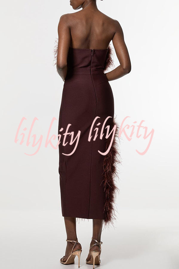 Retro and Glamorous Feather Trim Detail Bandeau Slit Stretch Midi Dress