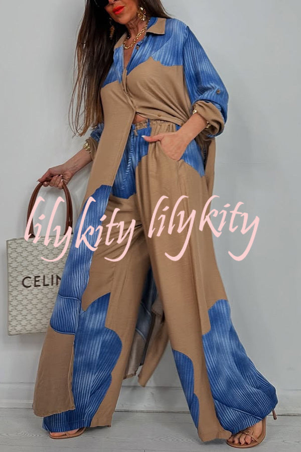 Unique Printed Casual Loose Long Shirt and Elastic Waist Pocket Wide Leg Pants Set