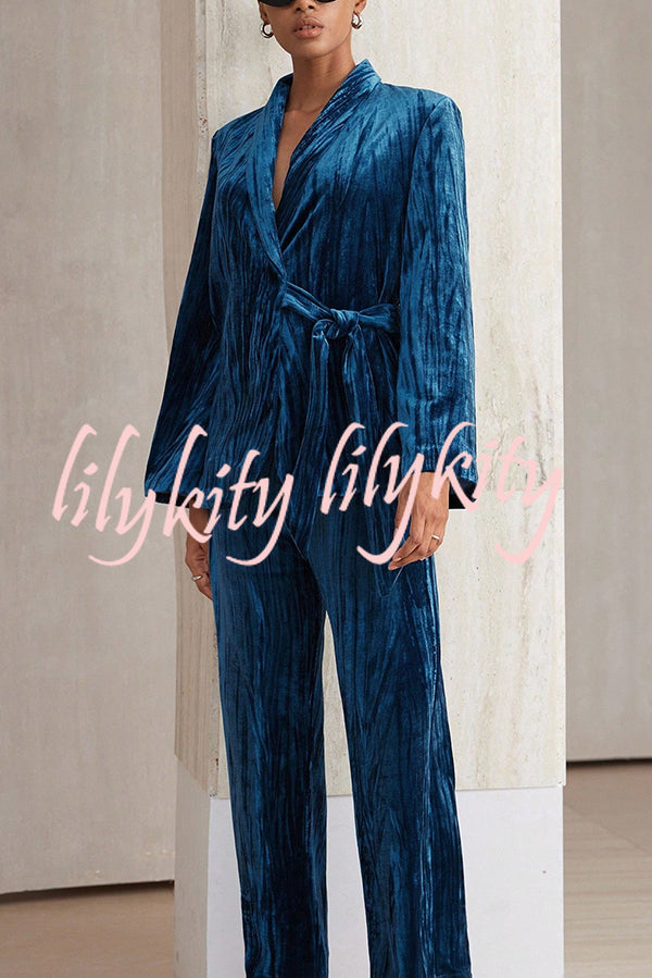 Solid Color Velvet Pleated Long-sleeved Tie Top and Casual Pocket Straight-leg Pants Set