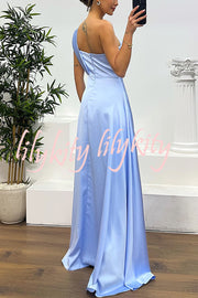 Nasha Satin Pleated One Shoulder Petal Gemstone Detail Pocket Slit Maxi Dress